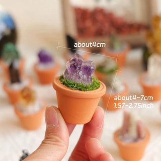 1pc Natural Crystal Stones Mini Clay Pot Base Amethyst Quartz Healing Gemstones Potted Plant Style Crafts Feng Shui Home Decor