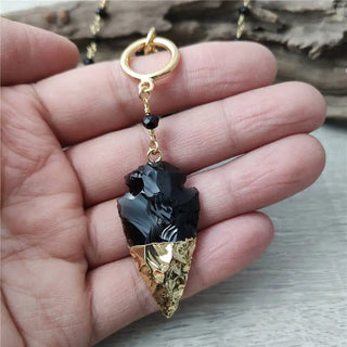 Obsidian Arrowhead Necklace, Golden Plated