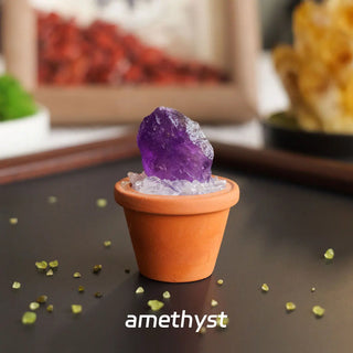 1pc Natural Crystal Stones Mini Clay Pot Base Amethyst Quartz Healing Gemstones Potted Plant Style Crafts Feng Shui Home Decor