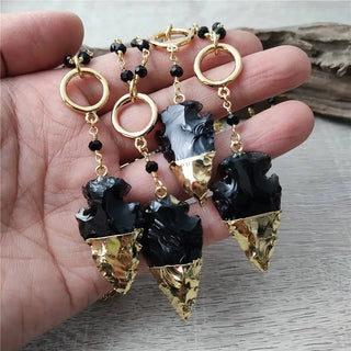 Obsidian Arrowhead Necklace, Golden Plated