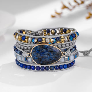 Natural Blue Labradorite Stone Boho Wrap Cuff Bracelet – Handcrafted Leather Energy Healing Bracelet
