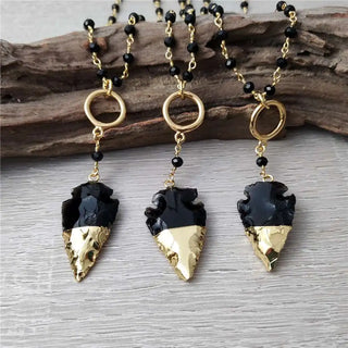 Obsidian Arrowhead Necklace, Golden Plated