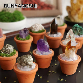 1pc Natural Crystal Stones Mini Clay Pot Base Amethyst Quartz Healing Gemstones Potted Plant Style Crafts Feng Shui Home Decor